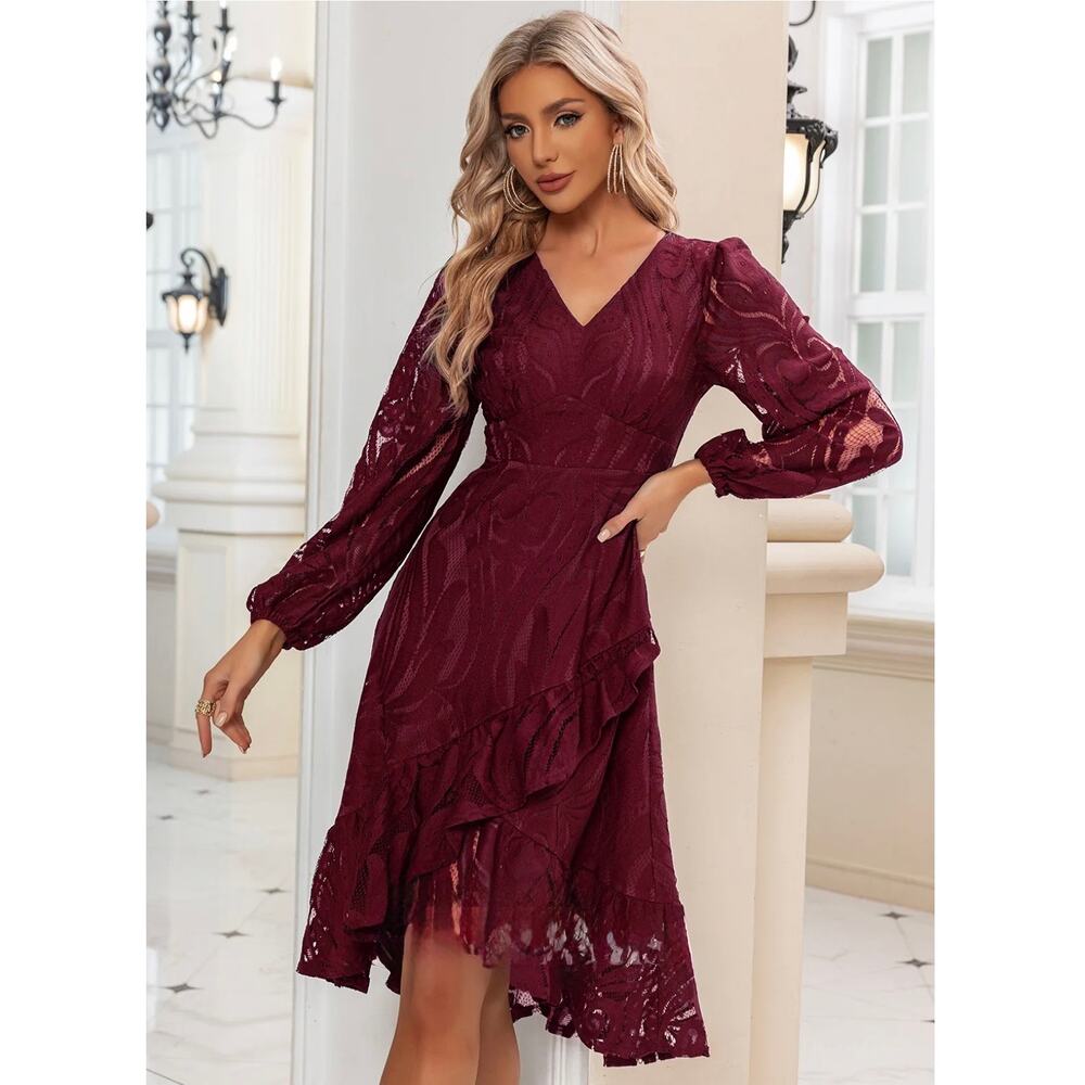 NWT JJ’s House Fadelma All Over Lace Long Sleeve Midi Dress Women's XL Burgundy
